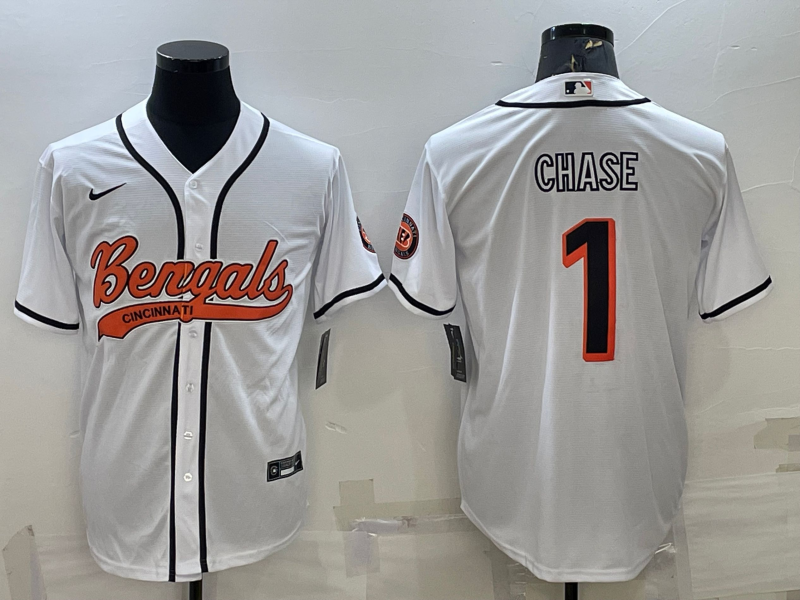 Men's White Cincinnati Bengals #1 Ja'Marr Chase With Patch Cool Base Stitched Baseball Jersey